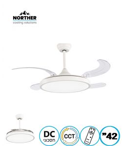 מאוורר תקרה 42" ROSE כנפיים מתקפלות +שלט ולד 36W CCT לבן עם 4 כנפיים שקופות NORTHER